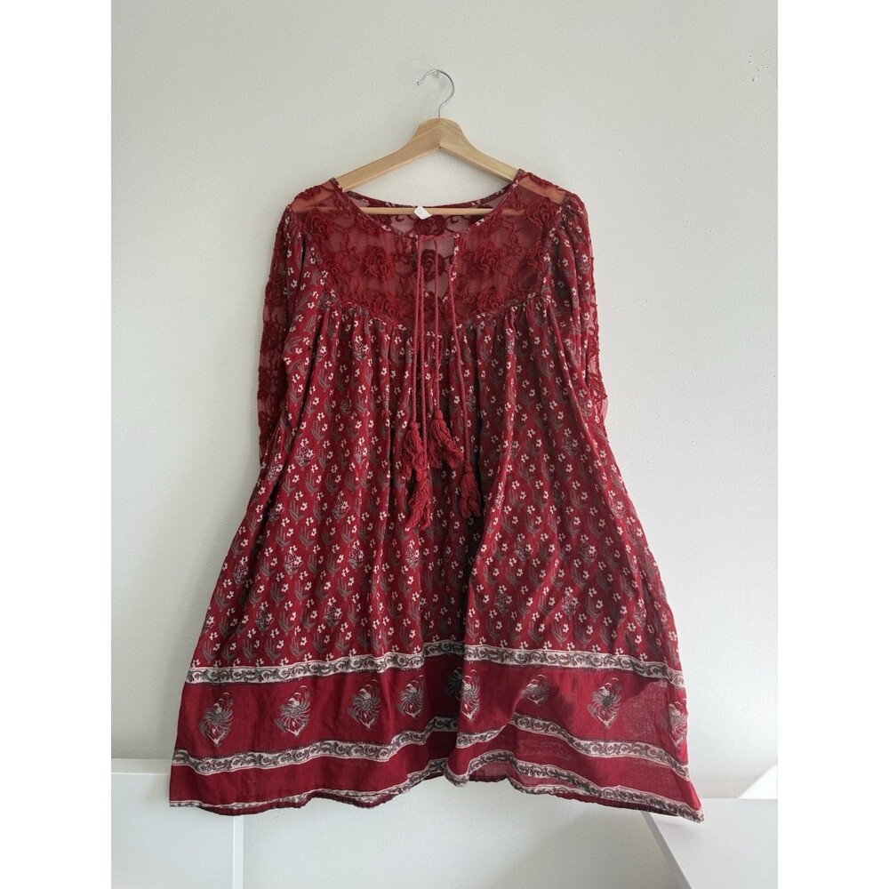 ✿ Free People Boho Lace Printed Peasant Dress L Red Floral Tassel Trim Flowy